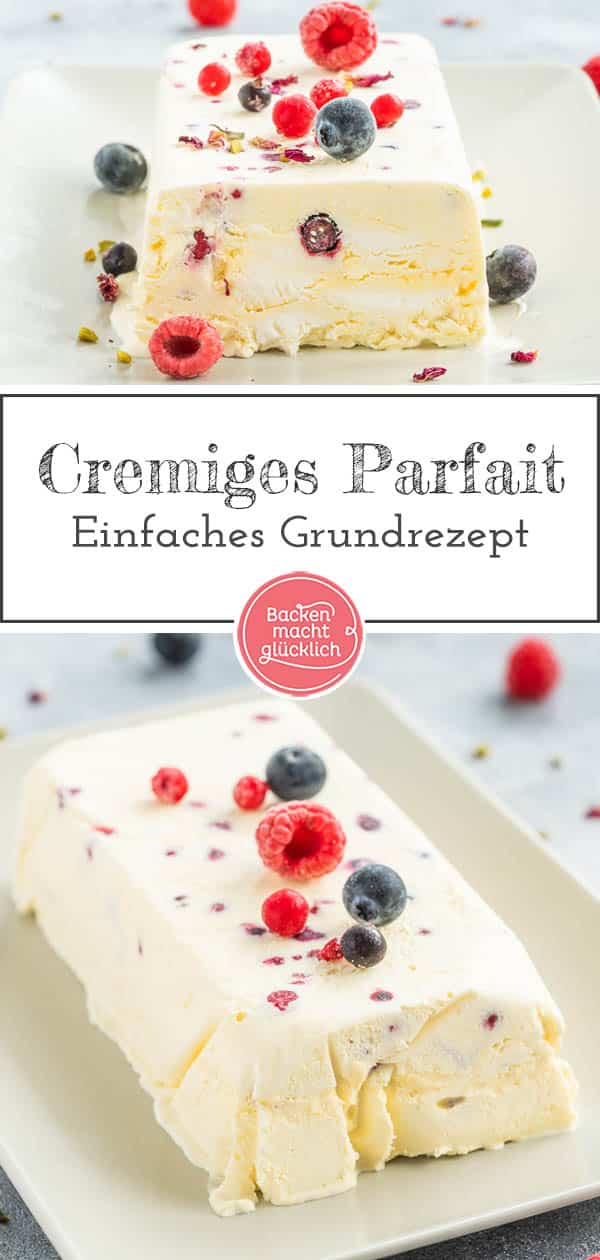 Bei diesem einfachen Sommerrezept für Vanille-Parfait werden Eigelb, Puderzucker, Vanillemark und Sahne gemischt und anschließend ins Eisfach verfrachtet. Nach ein paar Stunden ist das Dessert-Wunder vollbracht und ihr könnt ein super softes, cremiges Parfait genießen. #parfait #vanille #eis #dessert #backenmachtglücklich