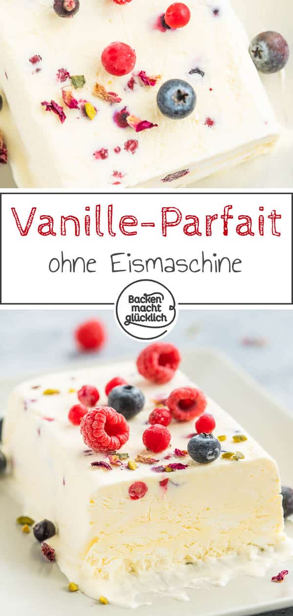 Bei diesem einfachen Sommerrezept für Vanille-Parfait werden Eigelb, Puderzucker, Vanillemark und Sahne gemischt und anschließend ins Eisfach verfrachtet. Nach ein paar Stunden ist das Dessert-Wunder vollbracht und ihr könnt ein super softes, cremiges Parfait genießen. #parfait #vanille #eis #dessert #backenmachtglücklich