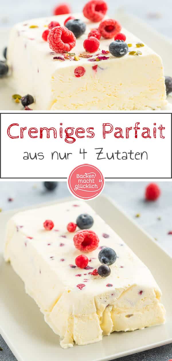 Bei diesem einfachen Sommerrezept für Vanille-Parfait werden Eigelb, Puderzucker, Vanillemark und Sahne gemischt und anschließend ins Eisfach verfrachtet. Nach ein paar Stunden ist das Dessert-Wunder vollbracht und ihr könnt ein super softes, cremiges Parfait genießen. #parfait #vanille #eis #dessert #backenmachtglücklich