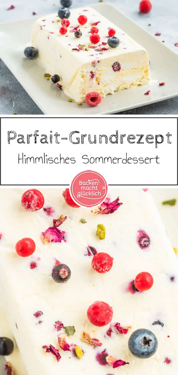 Bei diesem einfachen Sommerrezept für Vanille-Parfait werden Eigelb, Puderzucker, Vanillemark und Sahne gemischt und anschließend ins Eisfach verfrachtet. Nach ein paar Stunden ist das Dessert-Wunder vollbracht und ihr könnt ein super softes, cremiges Parfait genießen. #parfait #vanille #eis #dessert #backenmachtglücklich