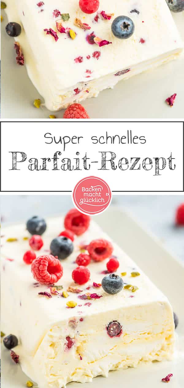 Bei diesem einfachen Sommerrezept für Vanille-Parfait werden Eigelb, Puderzucker, Vanillemark und Sahne gemischt und anschließend ins Eisfach verfrachtet. Nach ein paar Stunden ist das Dessert-Wunder vollbracht und ihr könnt ein super softes, cremiges Parfait genießen. #parfait #vanille #eis #dessert #backenmachtglücklich