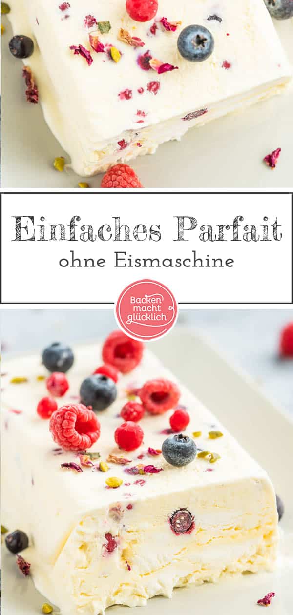 Bei diesem einfachen Sommerrezept für Vanille-Parfait werden Eigelb, Puderzucker, Vanillemark und Sahne gemischt und anschließend ins Eisfach verfrachtet. Nach ein paar Stunden ist das Dessert-Wunder vollbracht und ihr könnt ein super softes, cremiges Parfait genießen. #parfait #vanille #eis #dessert #backenmachtglücklich