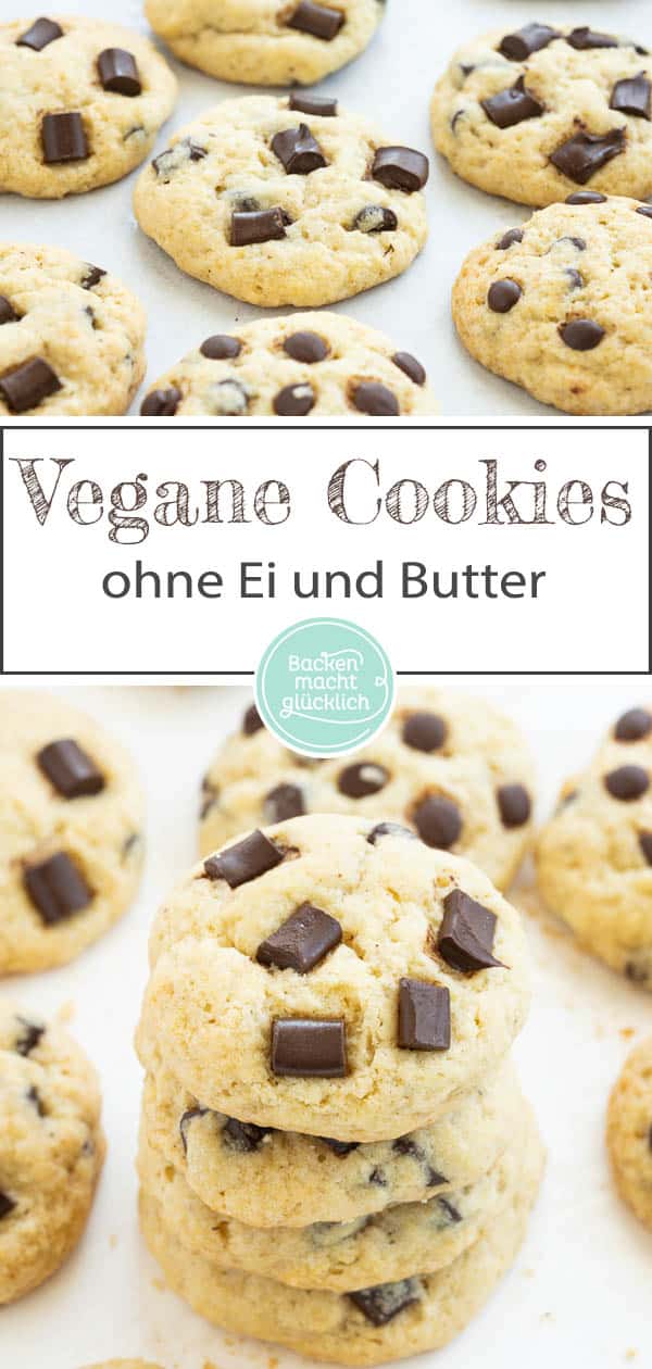 Die veganen Chocolate Chip Cookies sind nicht nur ein Traum für alle Veganer, sondern auch eine gesündere Alternative für alle anderen Cookie-Liebhaber. Der softe Keksteig wird dank dem einfachen Rezept für vegane Cookies ein Geschmackserlebnis zum Dahinschmelzen. #vegan #cookies #chocolatechipcookies #backenmachtglücklich