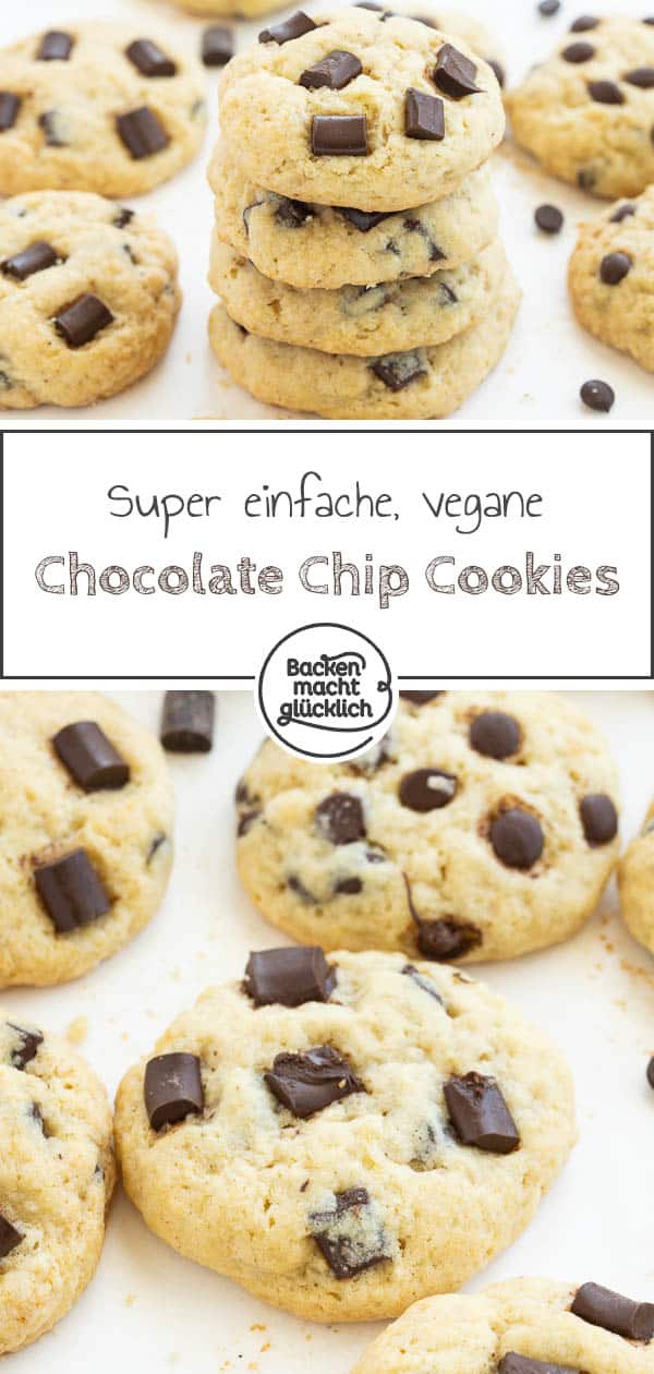 Die veganen Chocolate Chip Cookies sind nicht nur ein Traum für alle Veganer, sondern auch eine gesündere Alternative für alle anderen Cookie-Liebhaber. Der softe Keksteig wird dank dem einfachen Rezept für vegane Cookies ein Geschmackserlebnis zum Dahinschmelzen. #vegan #cookies #chocolatechipcookies #backenmachtglücklich