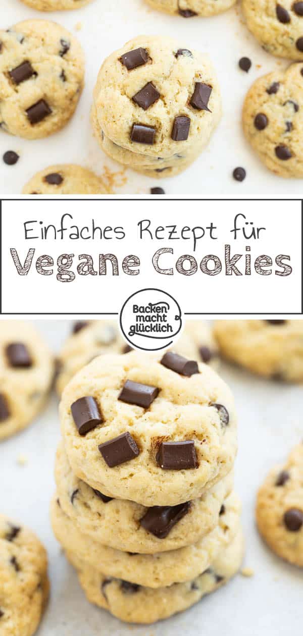 Die veganen Chocolate Chip Cookies sind nicht nur ein Traum für alle Veganer, sondern auch eine gesündere Alternative für alle anderen Cookie-Liebhaber. Der softe Keksteig wird dank dem einfachen Rezept für vegane Cookies ein Geschmackserlebnis zum Dahinschmelzen. #vegan #cookies #chocolatechipcookies #backenmachtglücklich