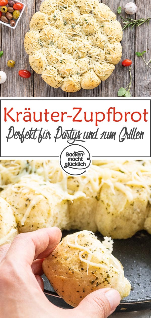 Herzhaftes Zupfbrot mit Kräuterbutter: Dieses einfache Pull Apart Brot ist die perfekte Beilage zum Grillen, aber auch ein leckeres Partybrot. Ein pikantes Bubble Bread, das süchtig macht! #backenmachtglücklich #zupfbrot #grillen #pullapartbrot #brot