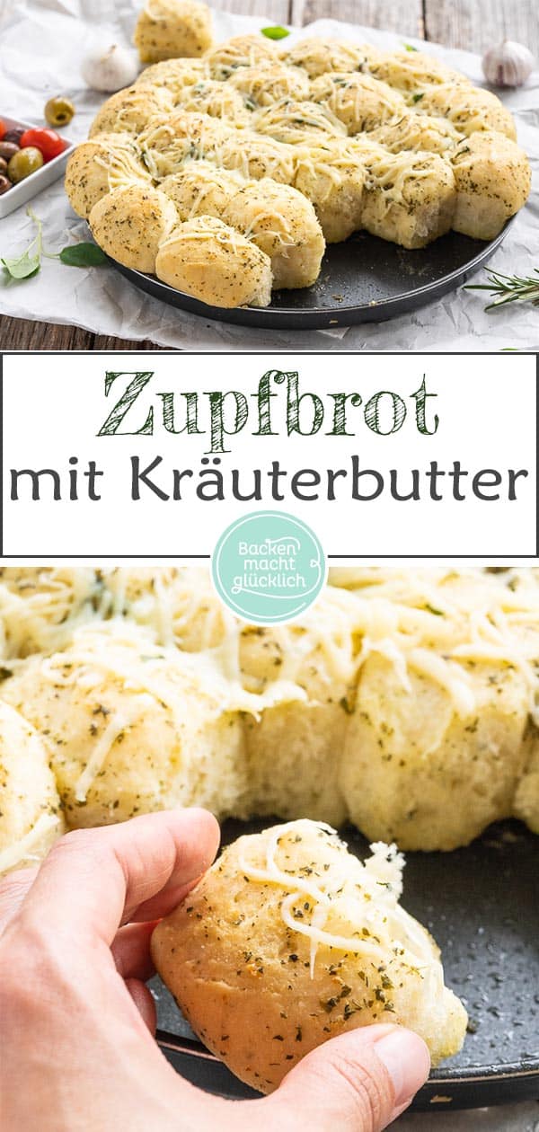 Herzhaftes Zupfbrot mit Kräuterbutter: Dieses einfache Pull Apart Brot ist die perfekte Beilage zum Grillen, aber auch ein leckeres Partybrot. Ein pikantes Bubble Bread, das süchtig macht! #backenmachtglücklich #zupfbrot #grillen #pullapartbrot #brot