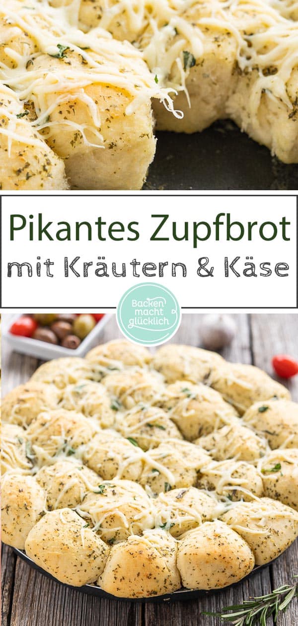 Herzhaftes Zupfbrot mit Kräuterbutter: Dieses einfache Pull Apart Brot ist die perfekte Beilage zum Grillen, aber auch ein leckeres Partybrot. Ein pikantes Bubble Bread, das süchtig macht! #backenmachtglücklich #zupfbrot #grillen #pullapartbrot #brot