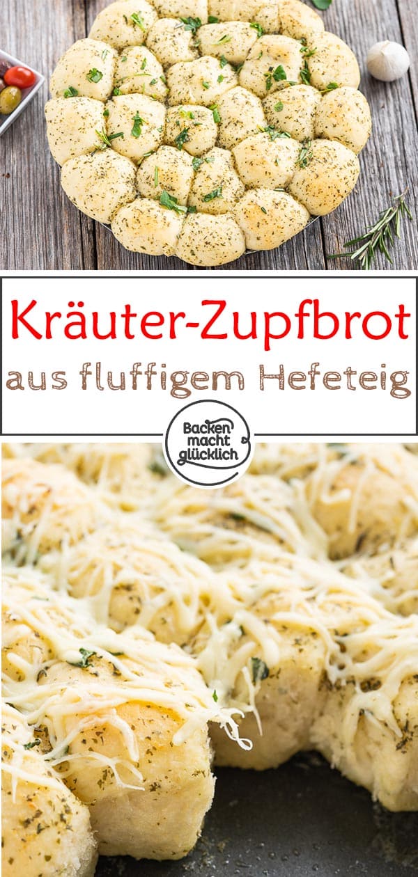 Herzhaftes Zupfbrot mit Kräuterbutter: Dieses einfache Pull Apart Brot ist die perfekte Beilage zum Grillen, aber auch ein leckeres Partybrot. Ein pikantes Bubble Bread, das süchtig macht! #backenmachtglücklich #zupfbrot #grillen #pullapartbrot #brot