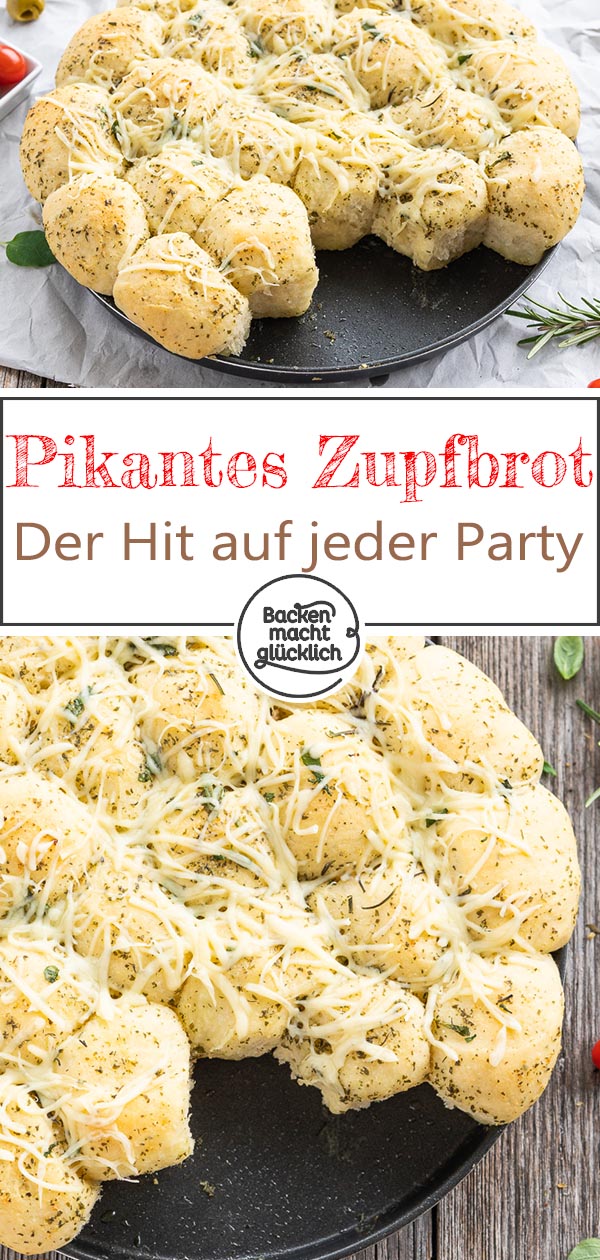 Herzhaftes Zupfbrot mit Kräuterbutter: Dieses einfache Pull Apart Brot ist die perfekte Beilage zum Grillen, aber auch ein leckeres Partybrot. Ein pikantes Bubble Bread, das süchtig macht! #backenmachtglücklich #zupfbrot #grillen #pullapartbrot #brot