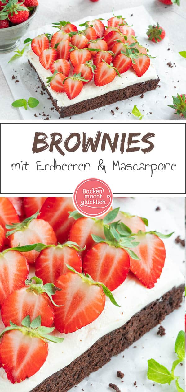 Diese köstlichen Erdbeer-Mascarpone-Brownies sehen nicht nur absolut verführerisch aus, sondern schmecken auch so. Die Brownies mit Erdbeeren sind nämlich schokoladig, cremig und fruchtig zugleich – die perfekte Kombination für den Sommer! #brownies #sommer #erdbeeren #erdbeerkuchen #schoko #backenmachtglücklich