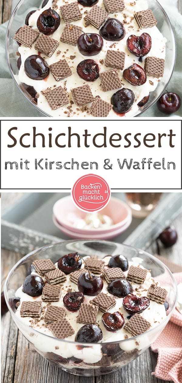   Köstliches Schichtdessert, ein tolles Dessert für Gartenpartys und Co: Dieses Trifle Rezept mit Kirschen und Schoko-Waffeln ist fix zubereitet und ein perfekter Nachtisch zum Mitbringen. #backenmachtglücklich #trifle #nachtisch #dessert