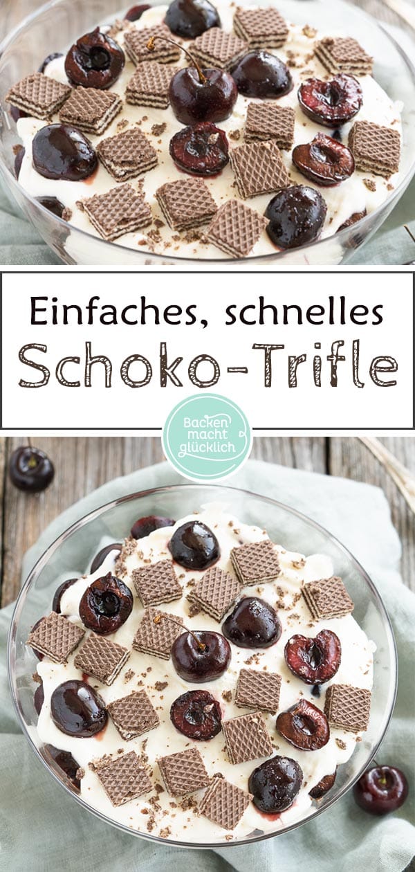   Köstliches Schichtdessert, ein tolles Dessert für Gartenpartys und Co: Dieses Trifle Rezept mit Kirschen und Schoko-Waffeln ist fix zubereitet und ein perfekter Nachtisch zum Mitbringen. #backenmachtglücklich #trifle #nachtisch #dessert