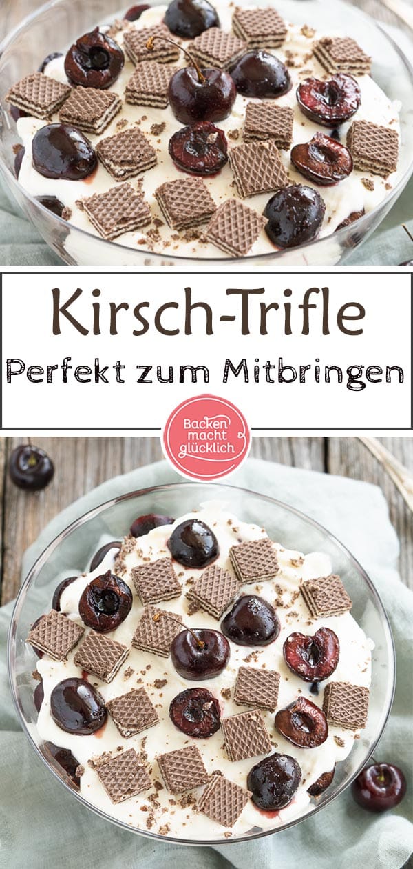   Köstliches Schichtdessert, ein tolles Dessert für Gartenpartys und Co: Dieses Trifle Rezept mit Kirschen und Schoko-Waffeln ist fix zubereitet und ein perfekter Nachtisch zum Mitbringen. #backenmachtglücklich #trifle #nachtisch #dessert