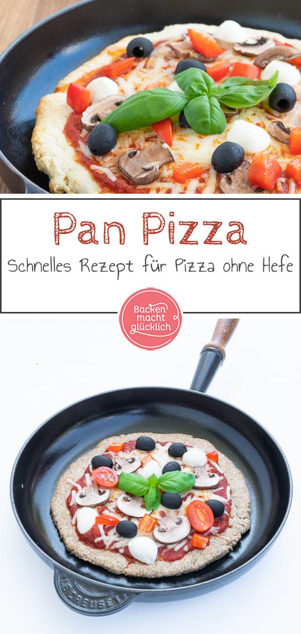 Mit diesem genialen Rezept für Pan Pizza ohne Hefe liegt ihr immer richtig: Ganz nach amerikanischem Vorbild hat diese Pizza aus der Pfanne einen super knusprigen Boden, aber ist in der Mitte total fluffig. Eine schnelle und einfach Alternative zu normaler Pizza! #panpizza #pizza #pfannenpizza #pikant #backenmachtglücklich