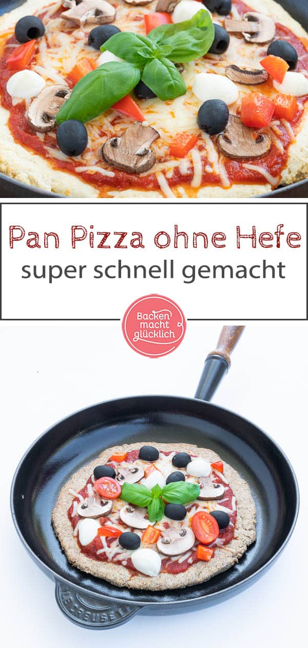 Mit diesem genialen Rezept für Pan Pizza ohne Hefe liegt ihr immer richtig: Ganz nach amerikanischem Vorbild hat diese Pizza aus der Pfanne einen super knusprigen Boden, aber ist in der Mitte total fluffig. Eine schnelle und einfach Alternative zu normaler Pizza! #panpizza #pizza #pfannenpizza #pikant #backenmachtglücklich