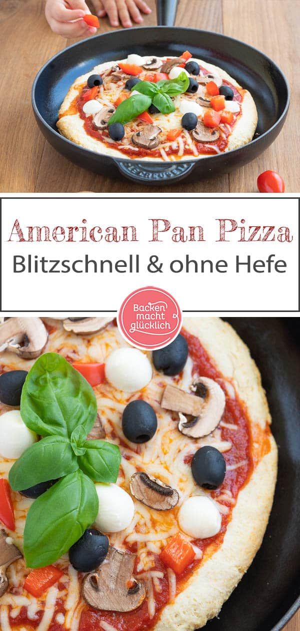 Mit diesem genialen Rezept für Pan Pizza ohne Hefe liegt ihr immer richtig: Ganz nach amerikanischem Vorbild hat diese Pizza aus der Pfanne einen super knusprigen Boden, aber ist in der Mitte total fluffig. Eine schnelle und einfach Alternative zu normaler Pizza! #panpizza #pizza #pfannenpizza #pikant #backenmachtglücklich