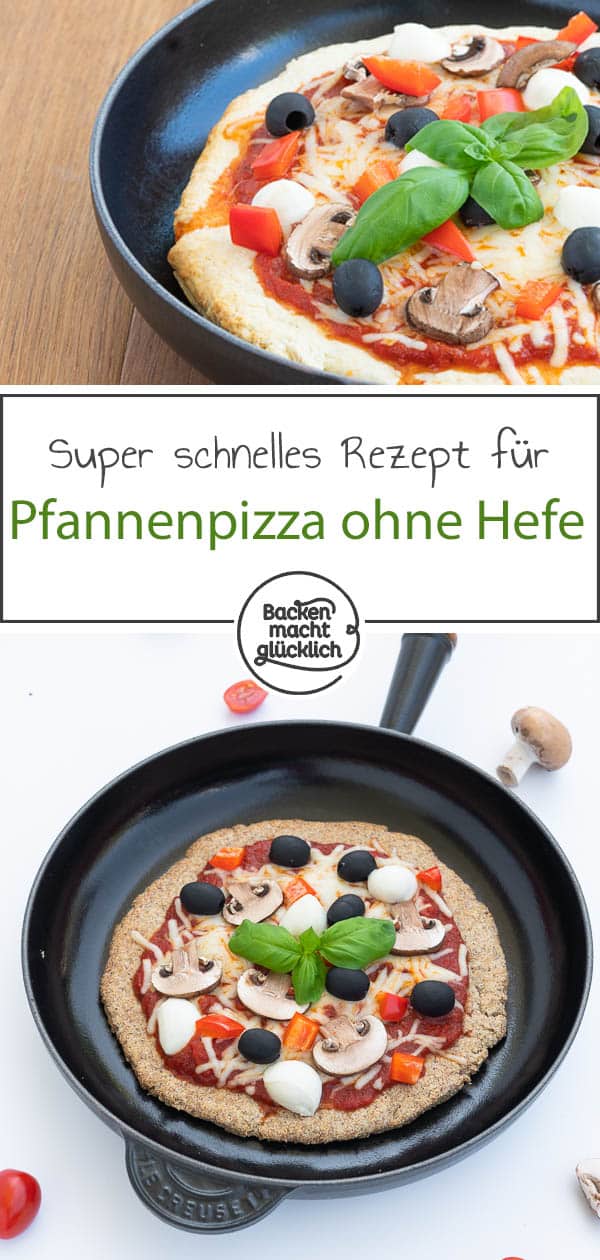 Mit diesem genialen Rezept für Pan Pizza ohne Hefe liegt ihr immer richtig: Ganz nach amerikanischem Vorbild hat diese Pizza aus der Pfanne einen super knusprigen Boden, aber ist in der Mitte total fluffig. Eine schnelle und einfach Alternative zu normaler Pizza! #panpizza #pizza #pfannenpizza #pikant #backenmachtglücklich