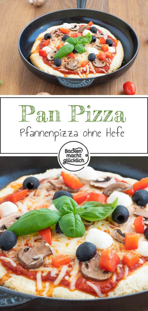 Mit diesem genialen Rezept für Pan Pizza ohne Hefe liegt ihr immer richtig: Ganz nach amerikanischem Vorbild hat diese Pizza aus der Pfanne einen super knusprigen Boden, aber ist in der Mitte total fluffig. Eine schnelle und einfach Alternative zu normaler Pizza! #panpizza #pizza #pfannenpizza #pikant #backenmachtglücklich