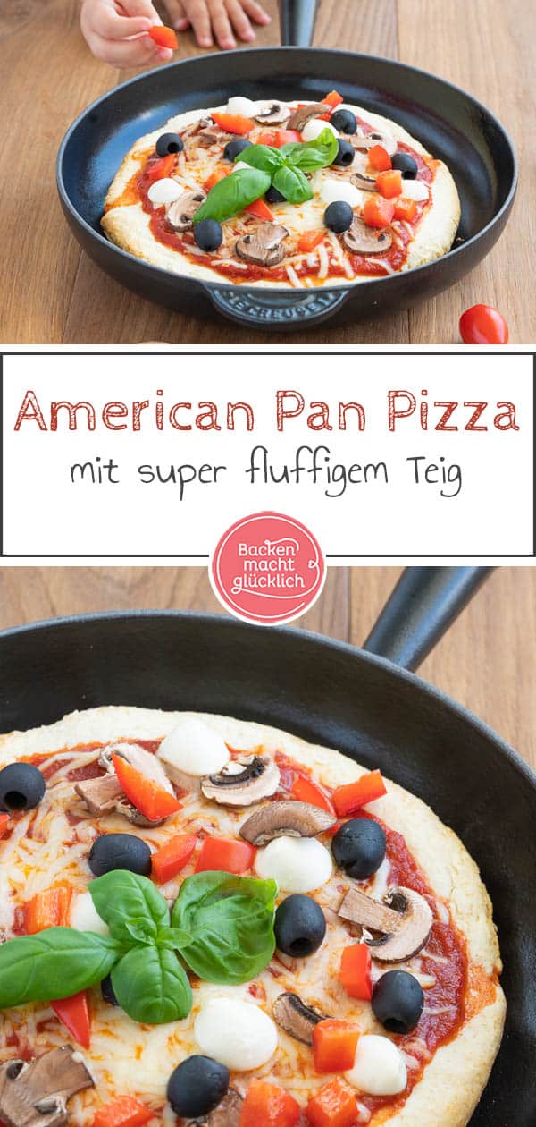 Mit diesem genialen Rezept für Pan Pizza ohne Hefe liegt ihr immer richtig: Ganz nach amerikanischem Vorbild hat diese Pizza aus der Pfanne einen super knusprigen Boden, aber ist in der Mitte total fluffig. Eine schnelle und einfach Alternative zu normaler Pizza! #panpizza #pizza #pfannenpizza #pikant #backenmachtglücklich