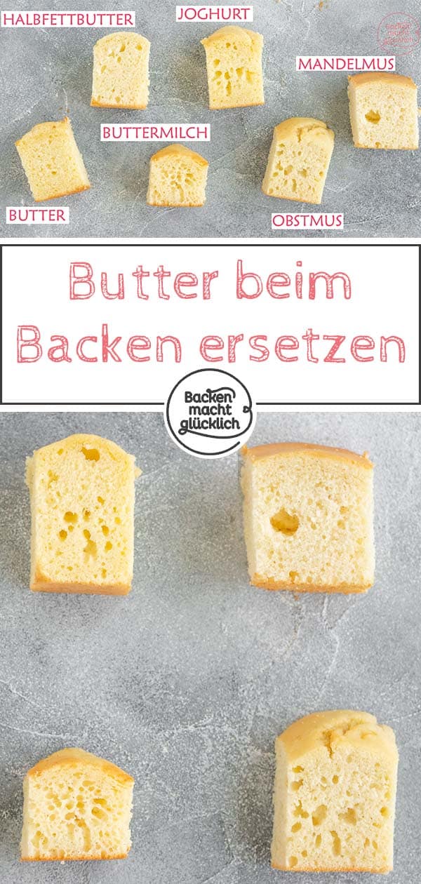 So kann man Butter ersetzen beim Backen: Mit unseren Tipps ist Kuchen backen ohne Butter kein Problem mehr - egal, ob du zu wenig Butter für den Kuchen hast oder Fett sparen möchtest. Mit großem Test, was Erdnussmus statt Butter, Joghurt statt Butter, Buttermilch statt Butter, Apfelmus statt Butter und Halbfettbutter statt Butter im Teig bewirken. #butterersatz #butterersetzen #backen #halbfettbutter #backenmachtglücklich