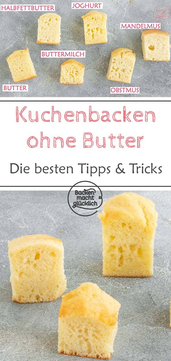 So kann man Butter ersetzen beim Backen: Mit unseren Tipps ist Kuchen backen ohne Butter kein Problem mehr - egal, ob du zu wenig Butter für den Kuchen hast oder Fett sparen möchtest. Mit großem Test, was Erdnussmus statt Butter, Joghurt statt Butter, Buttermilch statt Butter, Apfelmus statt Butter und Halbfettbutter statt Butter im Teig bewirken. #butterersatz #butterersetzen #backen #halbfettbutter #backenmachtglücklich