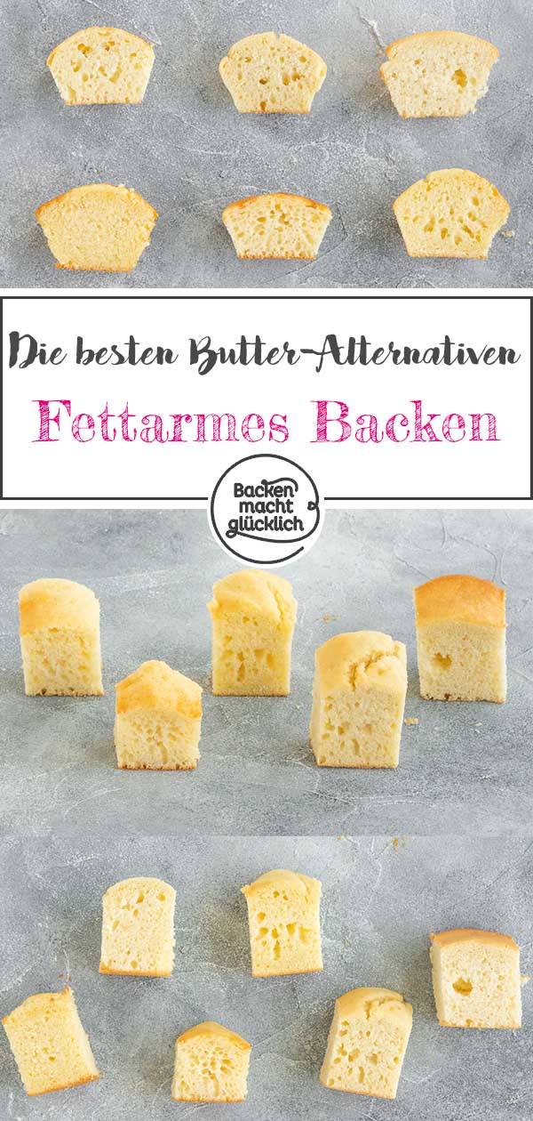 So kann man Butter ersetzen beim Backen: Mit unseren Tipps ist Kuchen backen ohne Butter kein Problem mehr - egal, ob du zu wenig Butter für den Kuchen hast oder Fett sparen möchtest. Mit großem Test, was Erdnussmus statt Butter, Joghurt statt Butter, Buttermilch statt Butter, Apfelmus statt Butter und Halbfettbutter statt Butter im Teig bewirken. #butterersatz #butterersetzen #backen #halbfettbutter #backenmachtglücklich