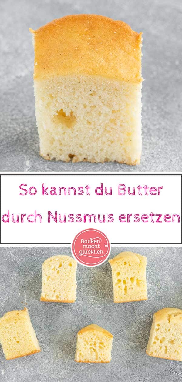 So kann man Butter ersetzen beim Backen: Mit unseren Tipps ist Kuchen backen ohne Butter kein Problem mehr - egal, ob du zu wenig Butter für den Kuchen hast oder Fett sparen möchtest. Mit großem Test, was Erdnussmus statt Butter, Joghurt statt Butter, Buttermilch statt Butter, Apfelmus statt Butter und Halbfettbutter statt Butter im Teig bewirken. #butterersatz #butterersetzen #backen #halbfettbutter #backenmachtglücklich