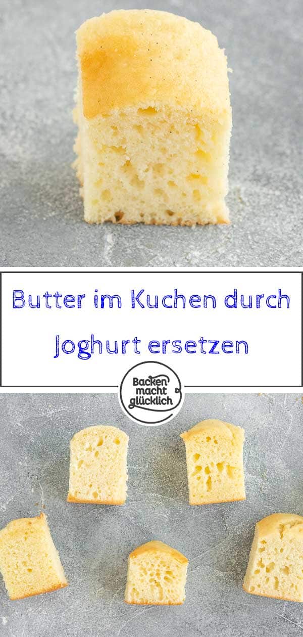 So kann man Butter ersetzen beim Backen: Mit unseren Tipps ist Kuchen backen ohne Butter kein Problem mehr - egal, ob du zu wenig Butter für den Kuchen hast oder Fett sparen möchtest. Mit großem Test, was Erdnussmus statt Butter, Joghurt statt Butter, Buttermilch statt Butter, Apfelmus statt Butter und Halbfettbutter statt Butter im Teig bewirken. #butterersatz #butterersetzen #backen #halbfettbutter #backenmachtglücklich