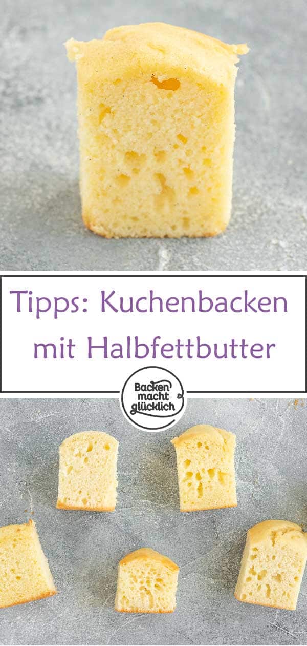 So kann man Butter ersetzen beim Backen: Mit unseren Tipps ist Kuchen backen ohne Butter kein Problem mehr - egal, ob du zu wenig Butter für den Kuchen hast oder Fett sparen möchtest. Mit großem Test, was Erdnussmus statt Butter, Joghurt statt Butter, Buttermilch statt Butter, Apfelmus statt Butter und Halbfettbutter statt Butter im Teig bewirken. #butterersatz #butterersetzen #backen #halbfettbutter #backenmachtglücklich