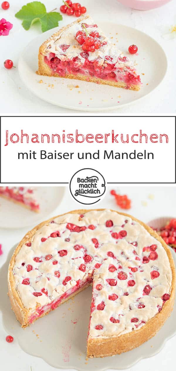 Mit diesem köstlichen Rezept für Johannisbeerkuchen mit Baiser und Mandeln kann der Sommer kommen! Der Johannisbeer-Baiser-Kuchen ist super schnell gebacken und schmeckt wunderbar süß und säuerlich zugleich. #johannisbeerkuchen #johannisbeere #baiser #sommer #beeren #träubleskuchen #backenmachtglücklich