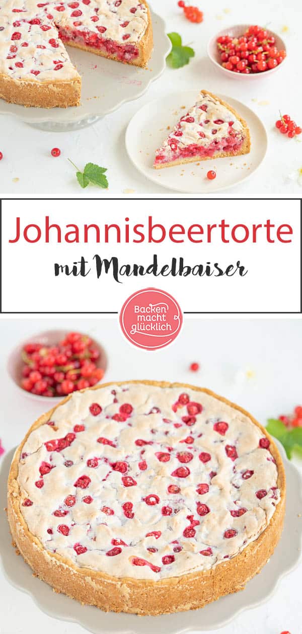 Mit diesem köstlichen Rezept für Johannisbeerkuchen mit Baiser und Mandeln kann der Sommer kommen! Der Johannisbeer-Baiser-Kuchen ist super schnell gebacken und schmeckt wunderbar süß und säuerlich zugleich. #johannisbeerkuchen #johannisbeere #baiser #sommer #beeren #träubleskuchen #backenmachtglücklich