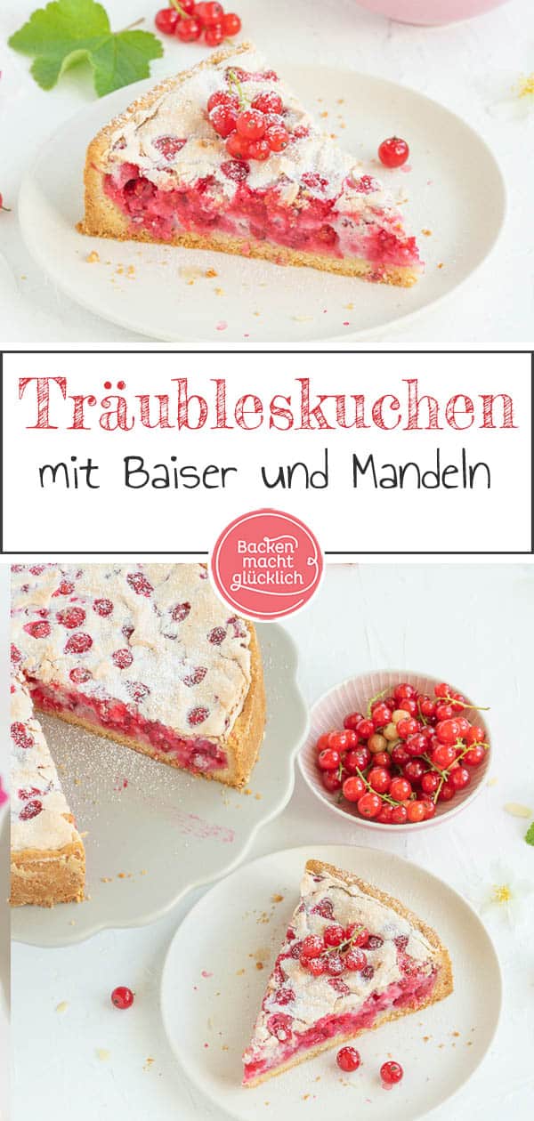 Mit diesem köstlichen Rezept für Johannisbeerkuchen mit Baiser und Mandeln kann der Sommer kommen! Der Johannisbeer-Baiser-Kuchen ist super schnell gebacken und schmeckt wunderbar süß und säuerlich zugleich. #johannisbeerkuchen #johannisbeere #baiser #sommer #beeren #träubleskuchen #backenmachtglücklich