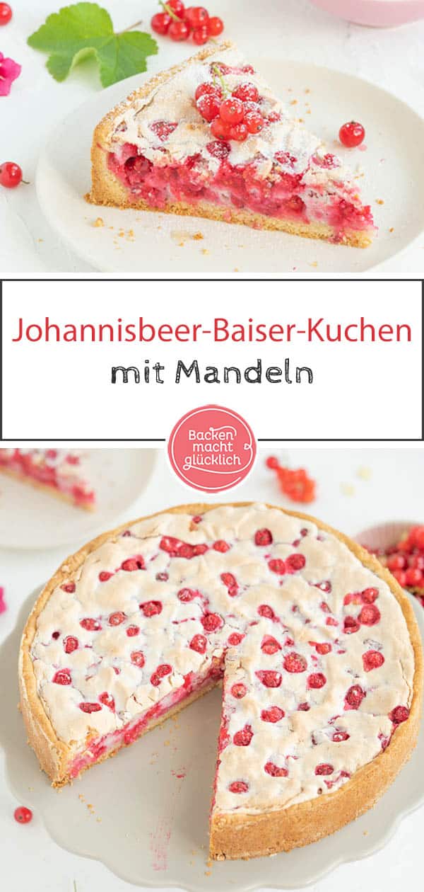 Mit diesem köstlichen Rezept für Johannisbeerkuchen mit Baiser und Mandeln kann der Sommer kommen! Der Johannisbeer-Baiser-Kuchen ist super schnell gebacken und schmeckt wunderbar süß und säuerlich zugleich. #johannisbeerkuchen #johannisbeere #baiser #sommer #beeren #träubleskuchen #backenmachtglücklich