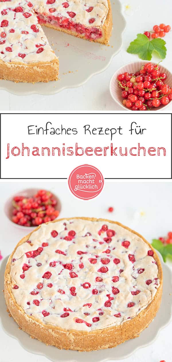 Mit diesem köstlichen Rezept für Johannisbeerkuchen mit Baiser und Mandeln kann der Sommer kommen! Der Johannisbeer-Baiser-Kuchen ist super schnell gebacken und schmeckt wunderbar süß und säuerlich zugleich. #johannisbeerkuchen #johannisbeere #baiser #sommer #beeren #träubleskuchen #backenmachtglücklich