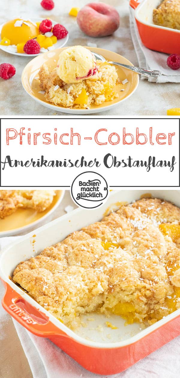 Dieser Pfirsich-Cobbler ist ein köstlicher, fruchtiger Kuchen-Obst-Auflauf aus Obst, üppiger Teigkruste und einem Hauch Karamell. Wer ein besonderes Sommer-Dessert sucht, sollte den Pfirsichschuster (Peach Cobbler) testen