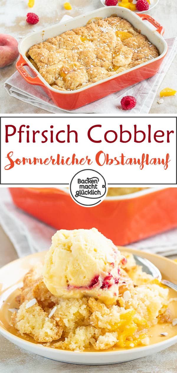 Dieser Pfirsich-Cobbler ist ein köstlicher, fruchtiger Kuchen-Obst-Auflauf aus Obst, üppiger Teigkruste und einem Hauch Karamell. Wer ein besonderes Sommer-Dessert sucht, sollte den Pfirsichschuster (Peach Cobbler) testen