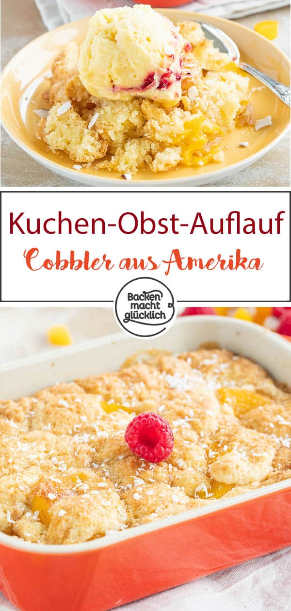 Dieser Pfirsich-Cobbler ist ein köstlicher, fruchtiger Kuchen-Obst-Auflauf aus Obst, üppiger Teigkruste und einem Hauch Karamell. Wer ein besonderes Sommer-Dessert sucht, sollte den Pfirsichschuster (Peach Cobbler) testen