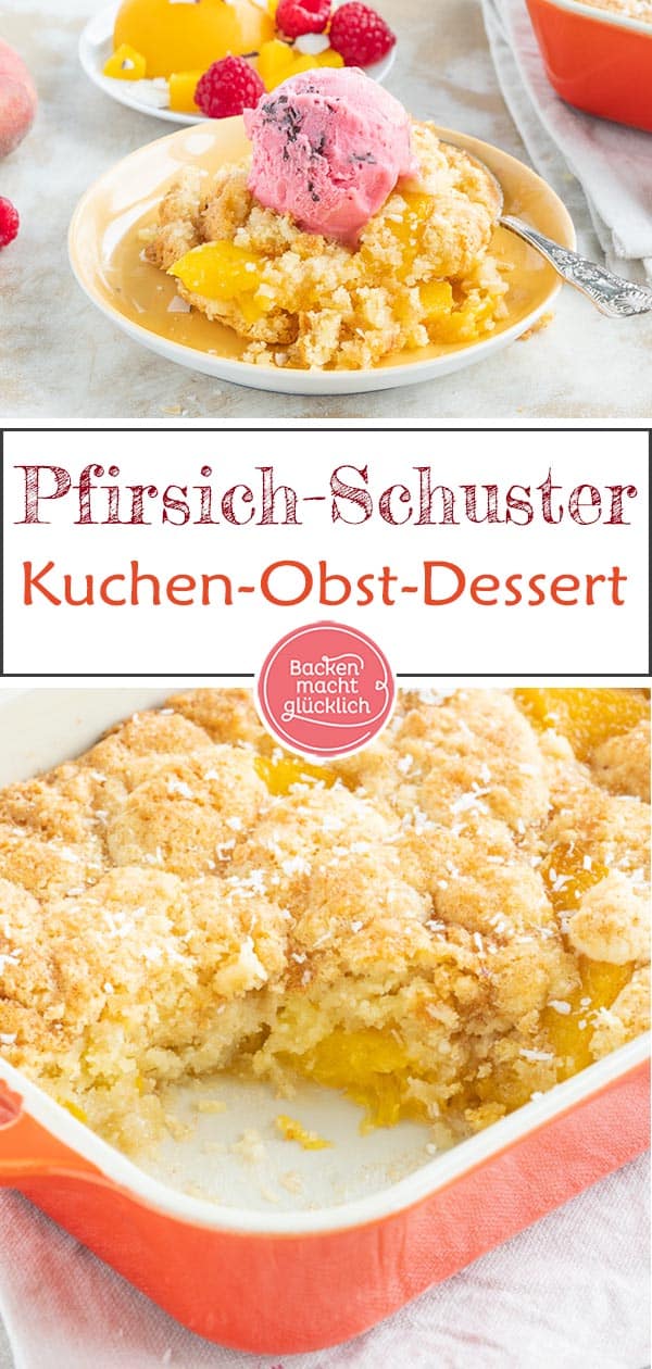 Dieser Pfirsich-Cobbler ist ein köstlicher, fruchtiger Kuchen-Obst-Auflauf aus Obst, üppiger Teigkruste und einem Hauch Karamell. Wer ein besonderes Sommer-Dessert sucht, sollte den Pfirsichschuster (Peach Cobbler) testen