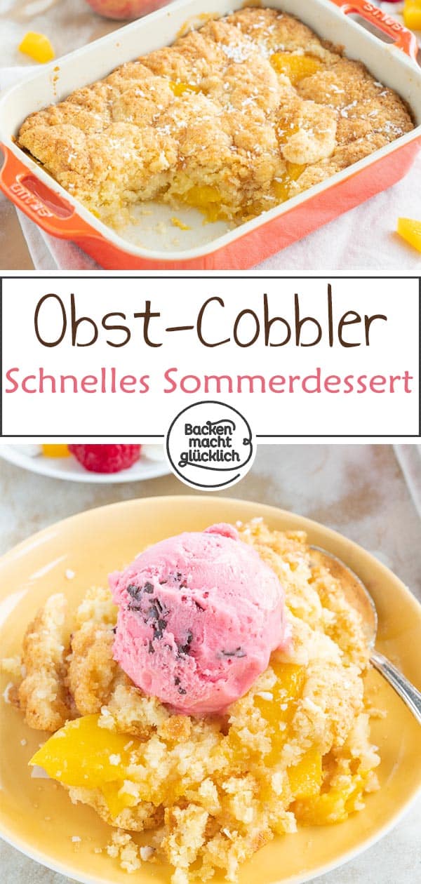 Dieser Pfirsich-Cobbler ist ein köstlicher, fruchtiger Kuchen-Obst-Auflauf aus Obst, üppiger Teigkruste und einem Hauch Karamell. Wer ein besonderes Sommer-Dessert sucht, sollte den Pfirsichschuster (Peach Cobbler) testen