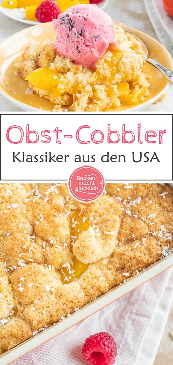 Dieser Pfirsich-Cobbler ist ein köstlicher, fruchtiger Kuchen-Obst-Auflauf aus Obst, üppiger Teigkruste und einem Hauch Karamell. Wer ein besonderes Sommer-Dessert sucht, sollte den Pfirsichschuster (Peach Cobbler) testen