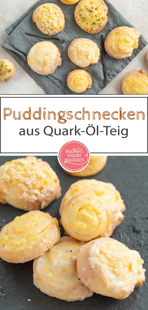 Die leckeren Puddingschnecken ohne Hefe lassen sich wunderbar schnell zubereiten und auf Vorrat backen. Gefüllt sind die saftigen Quarkteig-Schnecken mit köstlichem Vanillepudding. Ein geniales Rezept, das ihr unbedingt testen solltet! #pudding #quark #puddingschnecken #quarkteig #quarkschnecken #backenmachtglücklich