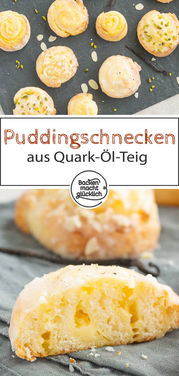 Die leckeren Puddingschnecken ohne Hefe lassen sich wunderbar schnell zubereiten und auf Vorrat backen. Gefüllt sind die saftigen Quarkteig-Schnecken mit köstlichem Vanillepudding. Ein geniales Rezept, das ihr unbedingt testen solltet! #pudding #quark #puddingschnecken #quarkteig #quarkschnecken #backenmachtglücklich