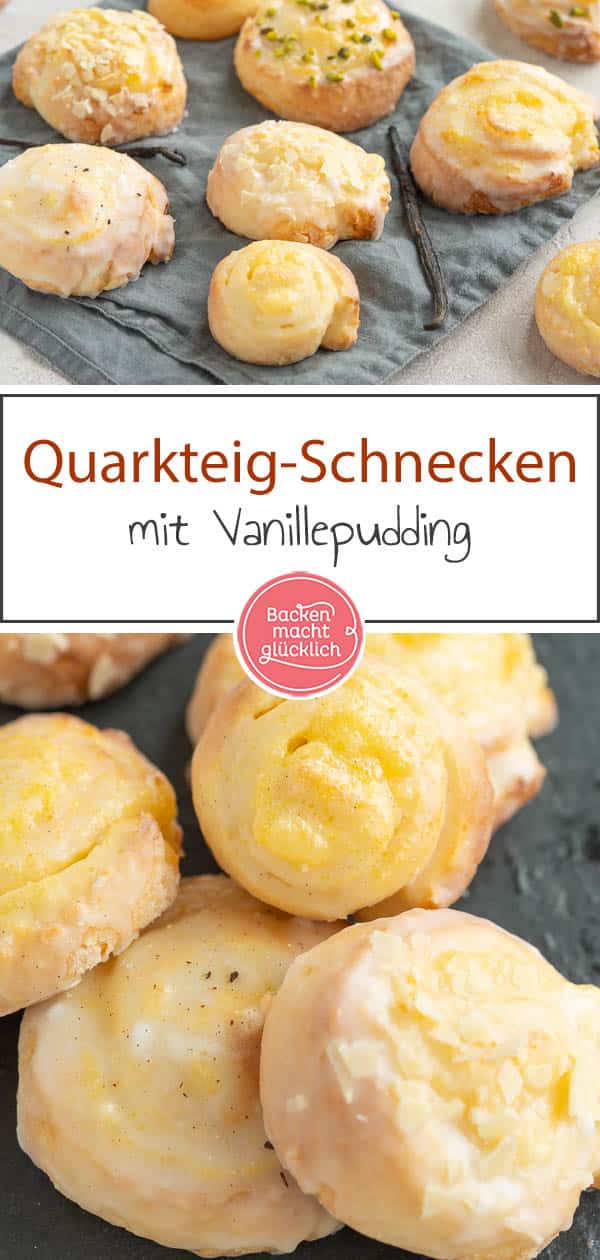 Die leckeren Puddingschnecken ohne Hefe lassen sich wunderbar schnell zubereiten und auf Vorrat backen. Gefüllt sind die saftigen Quarkteig-Schnecken mit köstlichem Vanillepudding. Ein geniales Rezept, das ihr unbedingt testen solltet! #pudding #quark #puddingschnecken #quarkteig #quarkschnecken #backenmachtglücklich