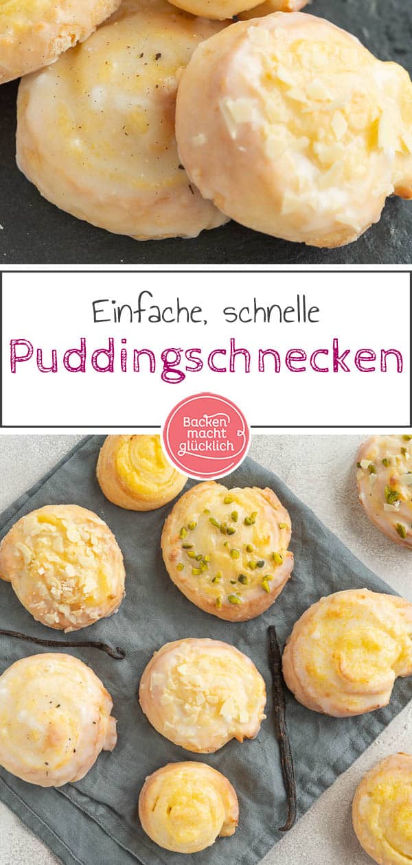 Die leckeren Puddingschnecken ohne Hefe lassen sich wunderbar schnell zubereiten und auf Vorrat backen. Gefüllt sind die saftigen Quarkteig-Schnecken mit köstlichem Vanillepudding. Ein geniales Rezept, das ihr unbedingt testen solltet! #pudding #quark #puddingschnecken #quarkteig #quarkschnecken #backenmachtglücklich