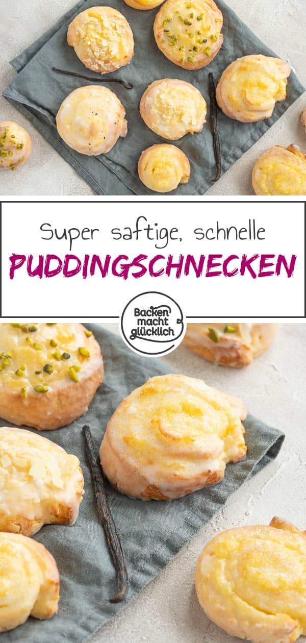 Die leckeren Puddingschnecken ohne Hefe lassen sich wunderbar schnell zubereiten und auf Vorrat backen. Gefüllt sind die saftigen Quarkteig-Schnecken mit köstlichem Vanillepudding. Ein geniales Rezept, das ihr unbedingt testen solltet! #pudding #quark #puddingschnecken #quarkteig #quarkschnecken #backenmachtglücklich