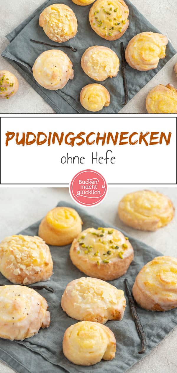 Die leckeren Puddingschnecken ohne Hefe lassen sich wunderbar schnell zubereiten und auf Vorrat backen. Gefüllt sind die saftigen Quarkteig-Schnecken mit köstlichem Vanillepudding. Ein geniales Rezept, das ihr unbedingt testen solltet! #pudding #quark #puddingschnecken #quarkteig #quarkschnecken #backenmachtglücklich