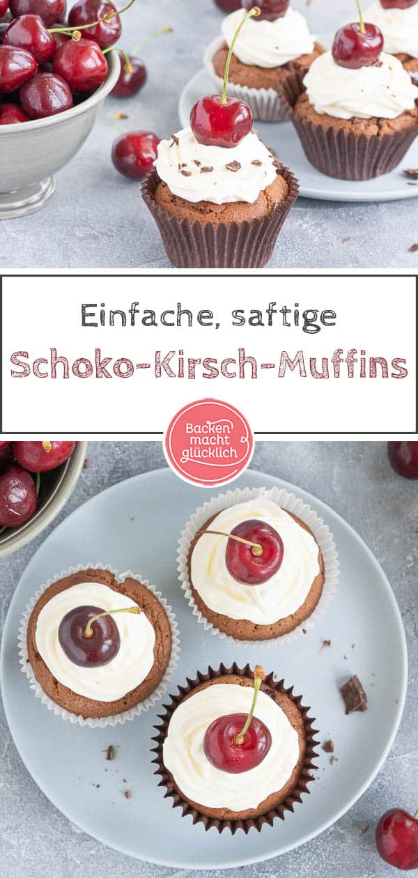 Diese leckeren Schoko-Kirsch-Cupcakes versüßen euch die Sommertage: Die Kombination aus saftigen Kirschen, fluffigem Schokomuffin und leichtem Frischkäse-Frosting ist der Hit! Das Rezept für die köstlichen Schwarzwälder-Kirsch-Cupcakes ist super einfach. #cupcakes #muffins #schoko #kirschcupcakes #schwarzwälderkirsch #backenmitkirschen #backenmachtglücklich