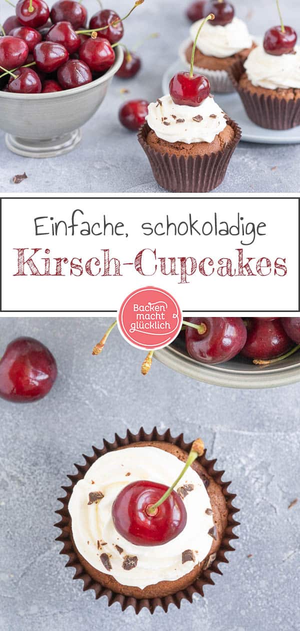 Diese leckeren Schoko-Kirsch-Cupcakes versüßen euch die Sommertage: Die Kombination aus saftigen Kirschen, fluffigem Schokomuffin und leichtem Frischkäse-Frosting ist der Hit! Das Rezept für die köstlichen Schwarzwälder-Kirsch-Cupcakes ist super einfach. #cupcakes #muffins #schoko #kirschcupcakes #schwarzwälderkirsch #backenmitkirschen #backenmachtglücklich