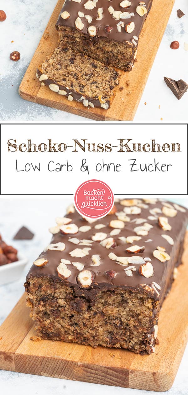 Dieser Low Carb Schokokuchen mit Nüssen ist nicht nur zuckerfrei, sondern auch unheimlich lecker! Mit dem super saftigen Teig ist der Schoko-Nuss-Kuchen ohne Zucker ein Genuss für die ganze Familie. #lowcarb #zuckerfrei #schokokuchen #nusskuchen #zuckerfreibacken 